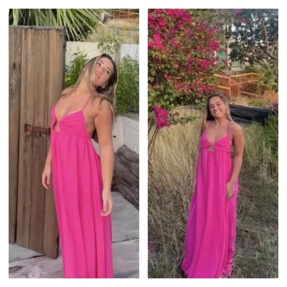 Women’s Fuchsia Halter Maxi Dress - Lightweight Beach Cover-Up - Picture 5 of 15